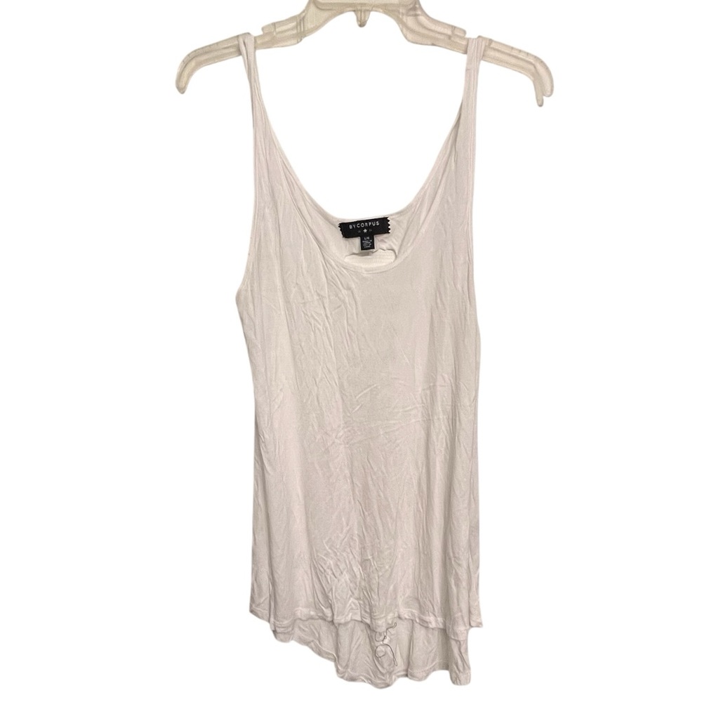 Bycorpus size large white distressed scoop neck camisole cut & braided back